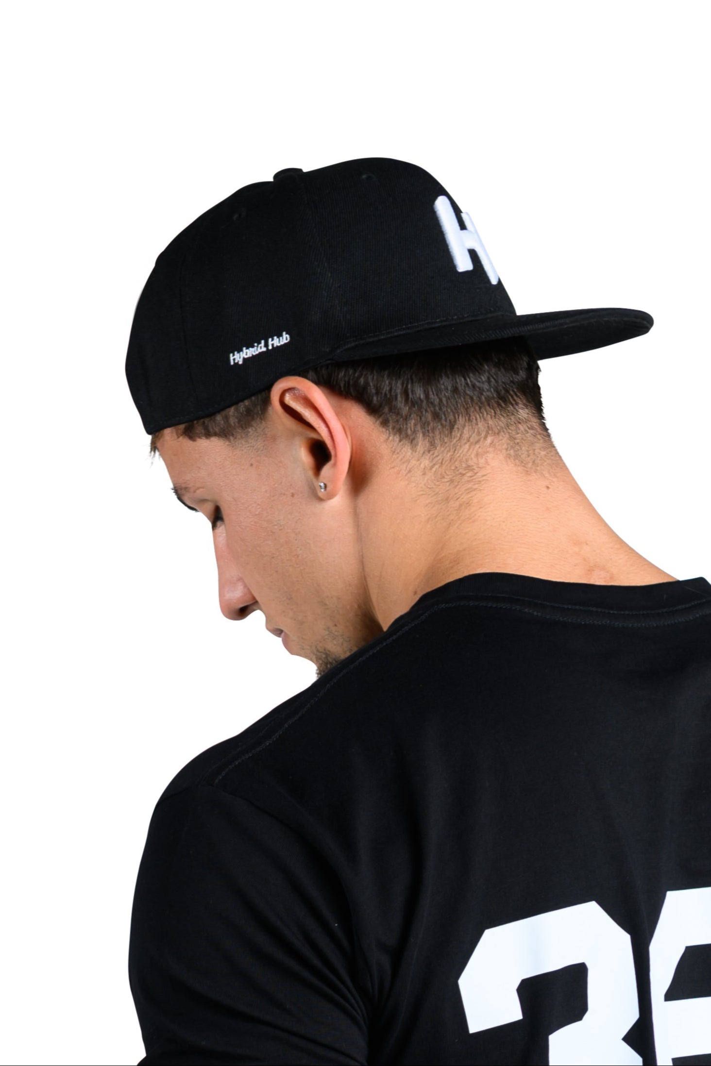 Person wearing a black t-shirt with '365' printed on the back against a white background
