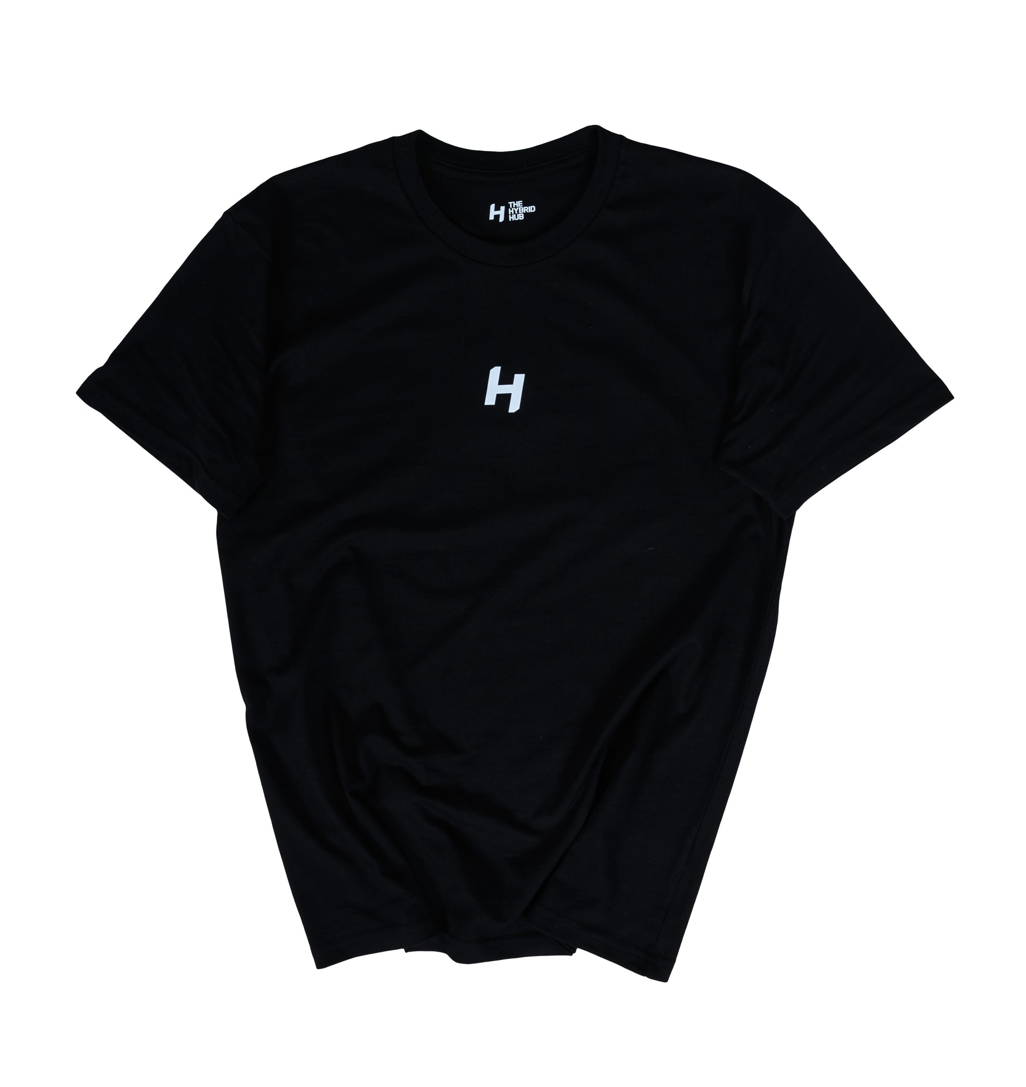 Black t-shirt with a white logo on a white background