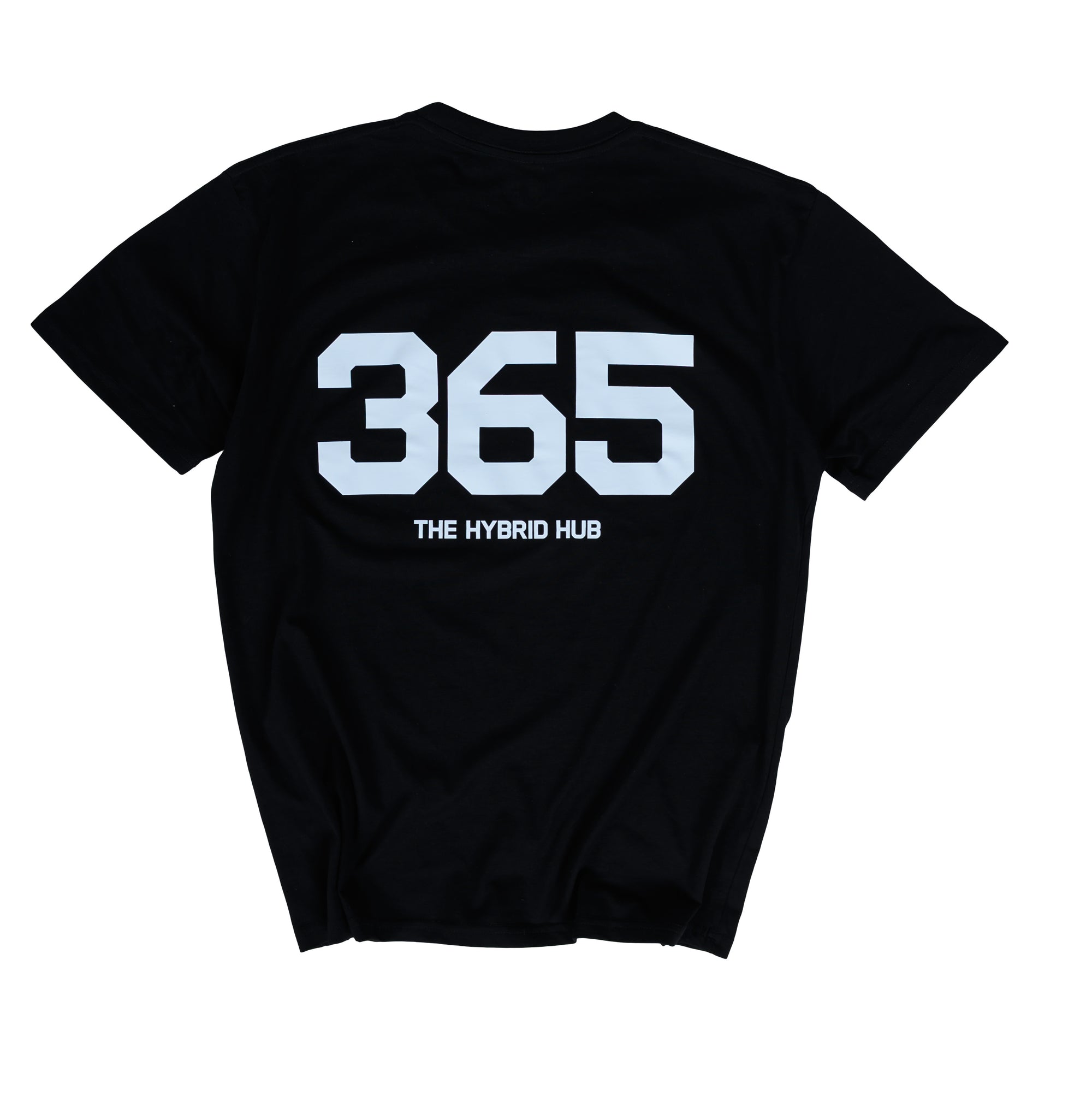 Black t-shirt with '365 The Hybrid Hub' text on a white background