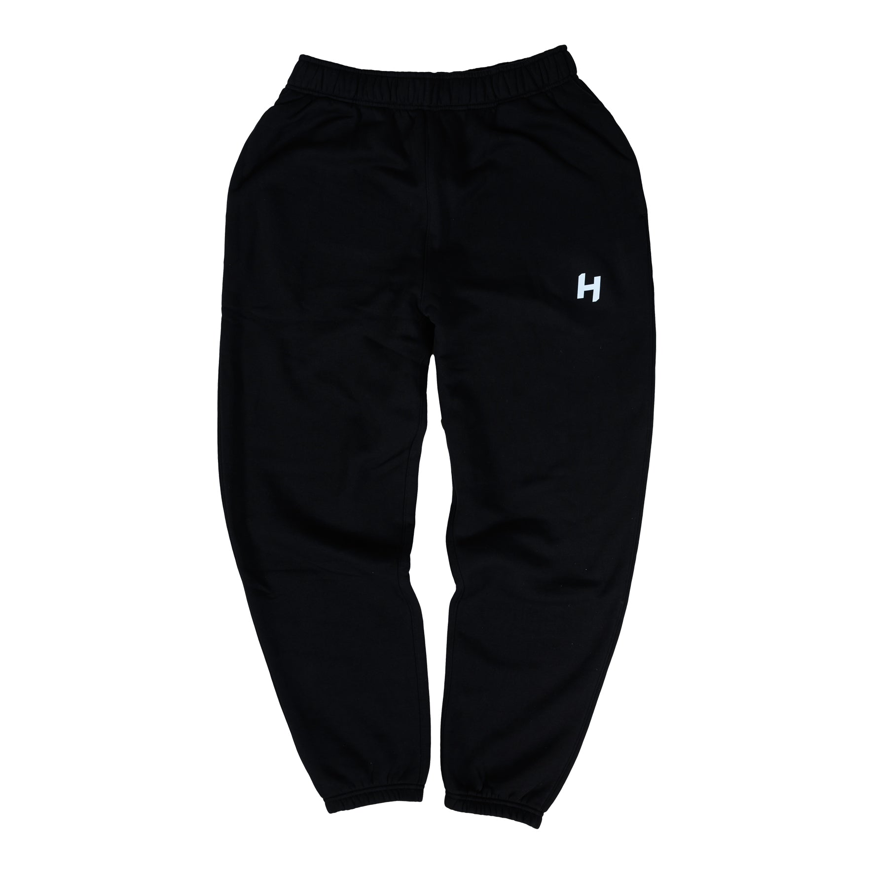 Black sweatpants with a white logo on a white background