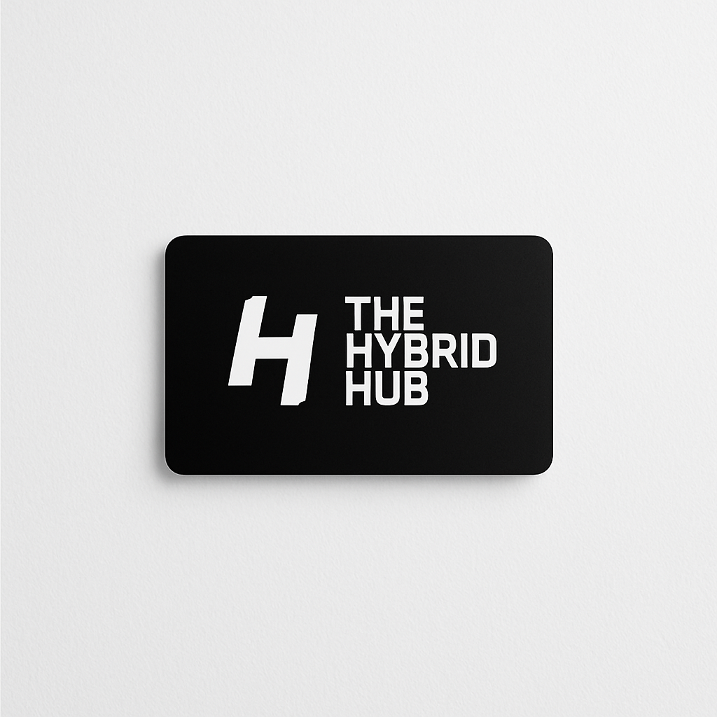 Black card with 'The Hybrid Hub' logo on a light gray background