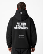 Person wearing a black hoodie with 'Fitter Faster Stronger' text on the back, on a white background.