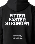 Black hoodie with 'Fitter Faster Stronger' text on the back, brand 'The Hybrid Hub' at the bottom.