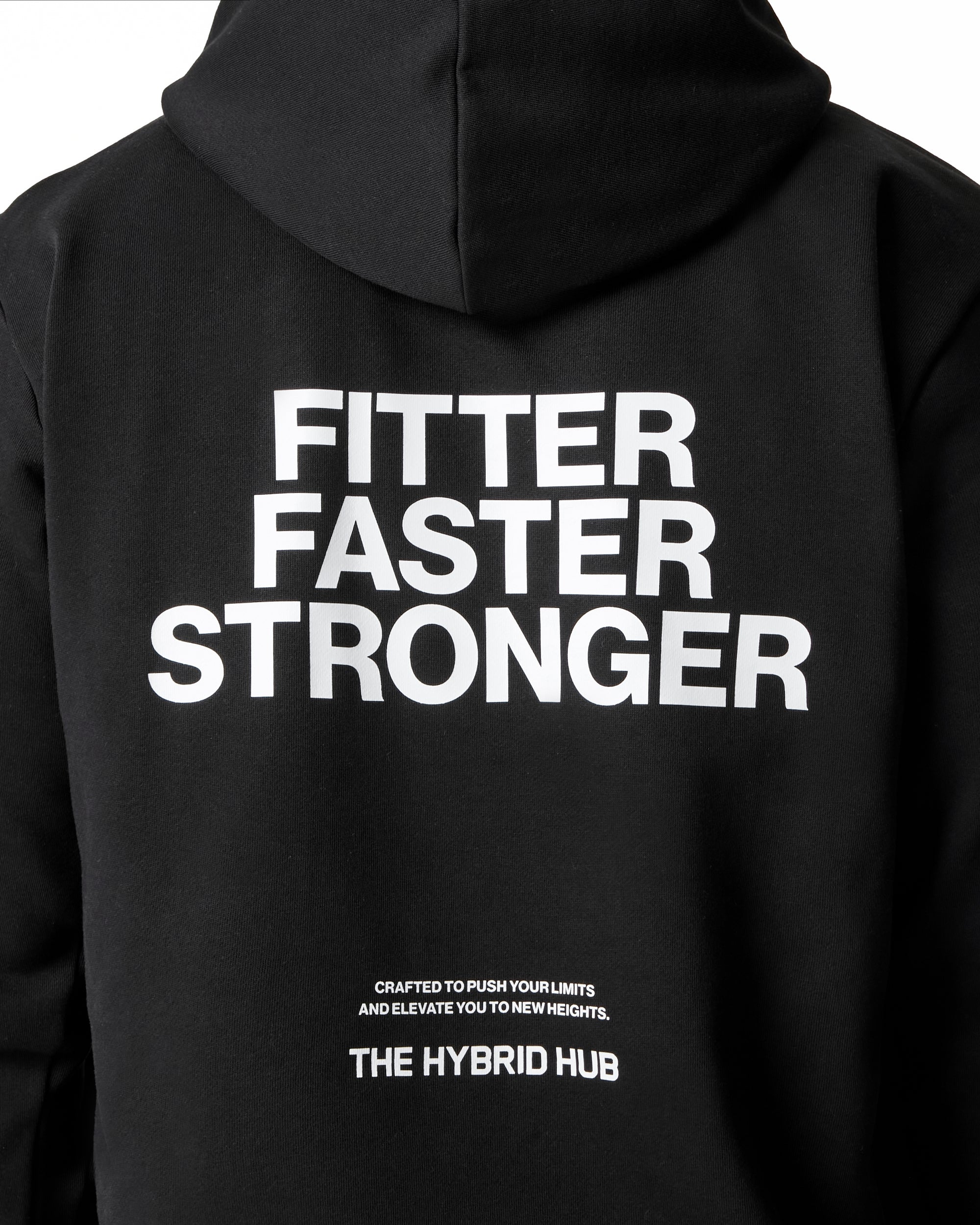 Black hoodie with 'Fitter Faster Stronger' text on the back, brand 'The Hybrid Hub' at the bottom.