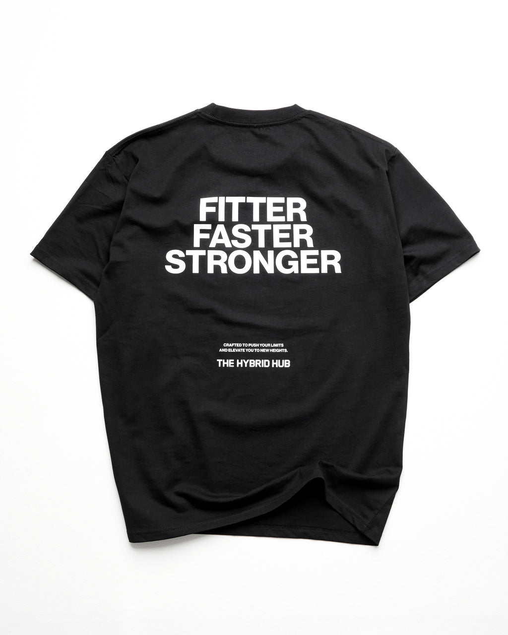 Black t-shirt with 'Fitter Faster Stronger' text on a white background