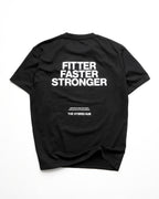 Black t-shirt with 'Fitter Faster Stronger' text on a white background