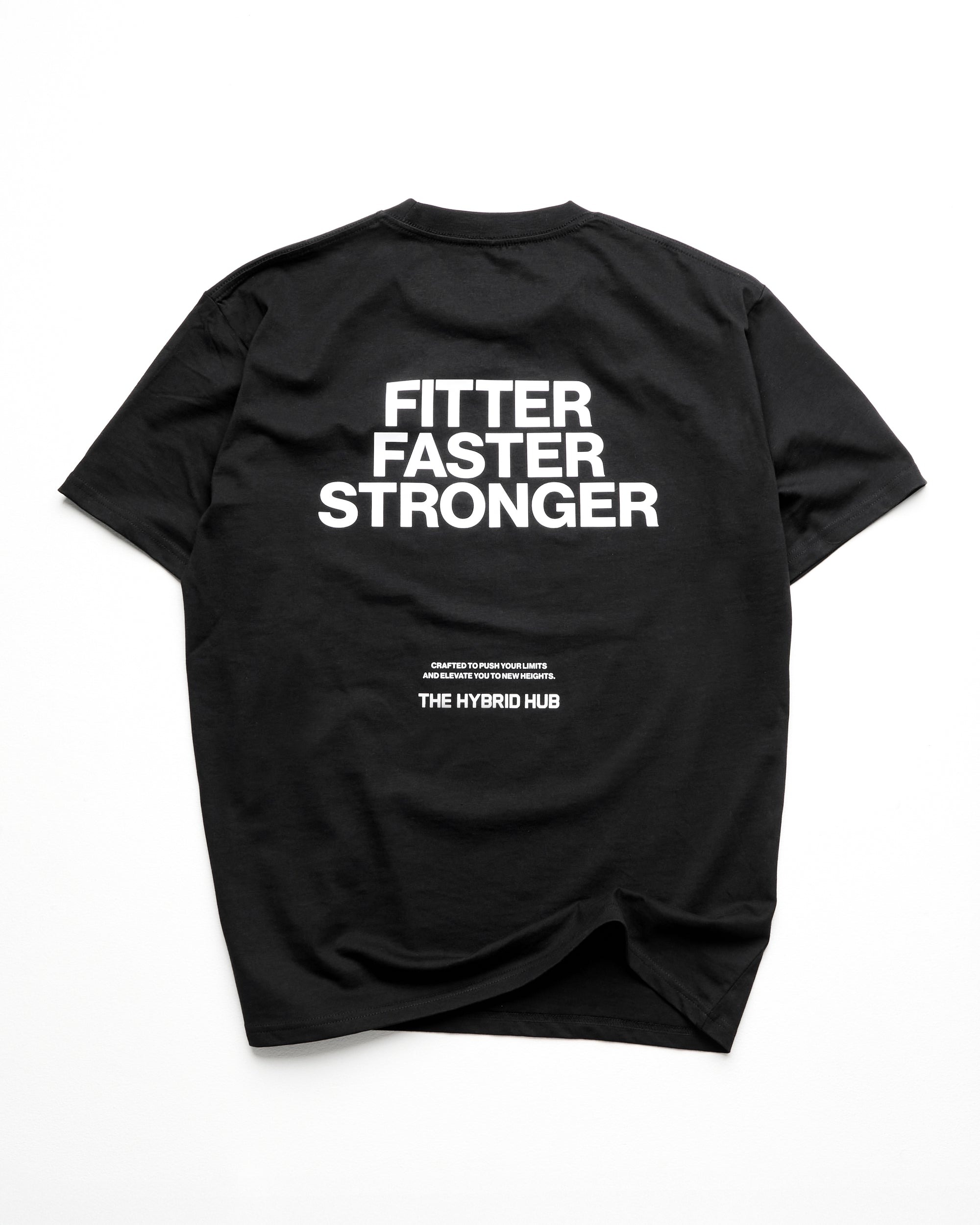Black t-shirt with 'Fitter Faster Stronger' text on a white background