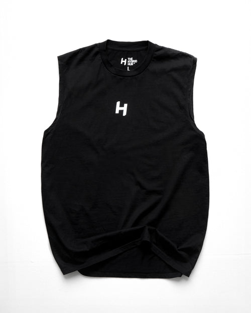 Black sleeveless shirt with a logo on a white background