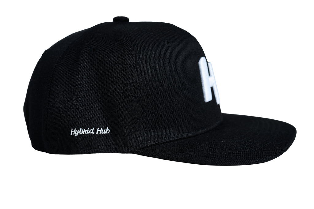 Black cap with 'Hybrid Hub' branding on a white background