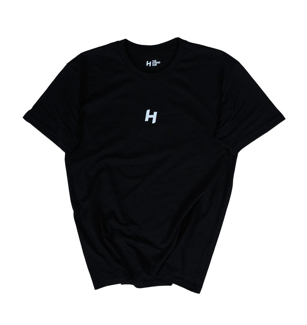 Black t-shirt with a white logo on a white background