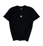 Black t-shirt with a white logo on a white background