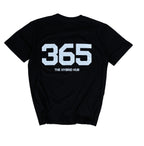 Black t-shirt with '365 The Hybrid Hub' text on a white background
