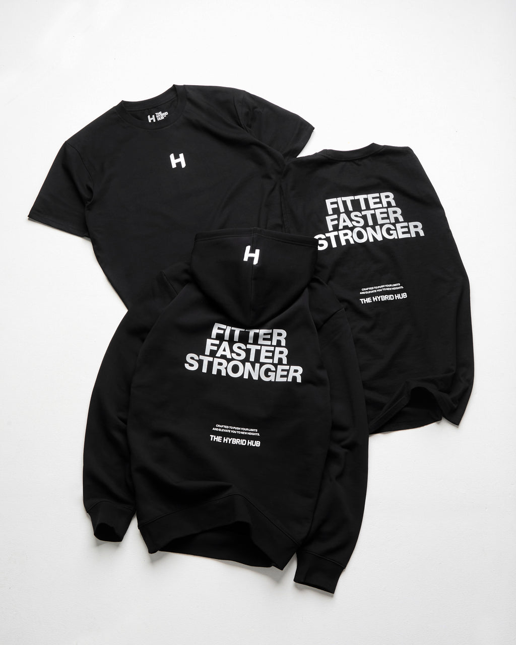 Black t-shirts with 'Fitter Faster Stronger' text and logo on a white background