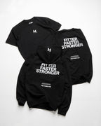 Black t-shirts with 'Fitter Faster Stronger' text and logo on a white background