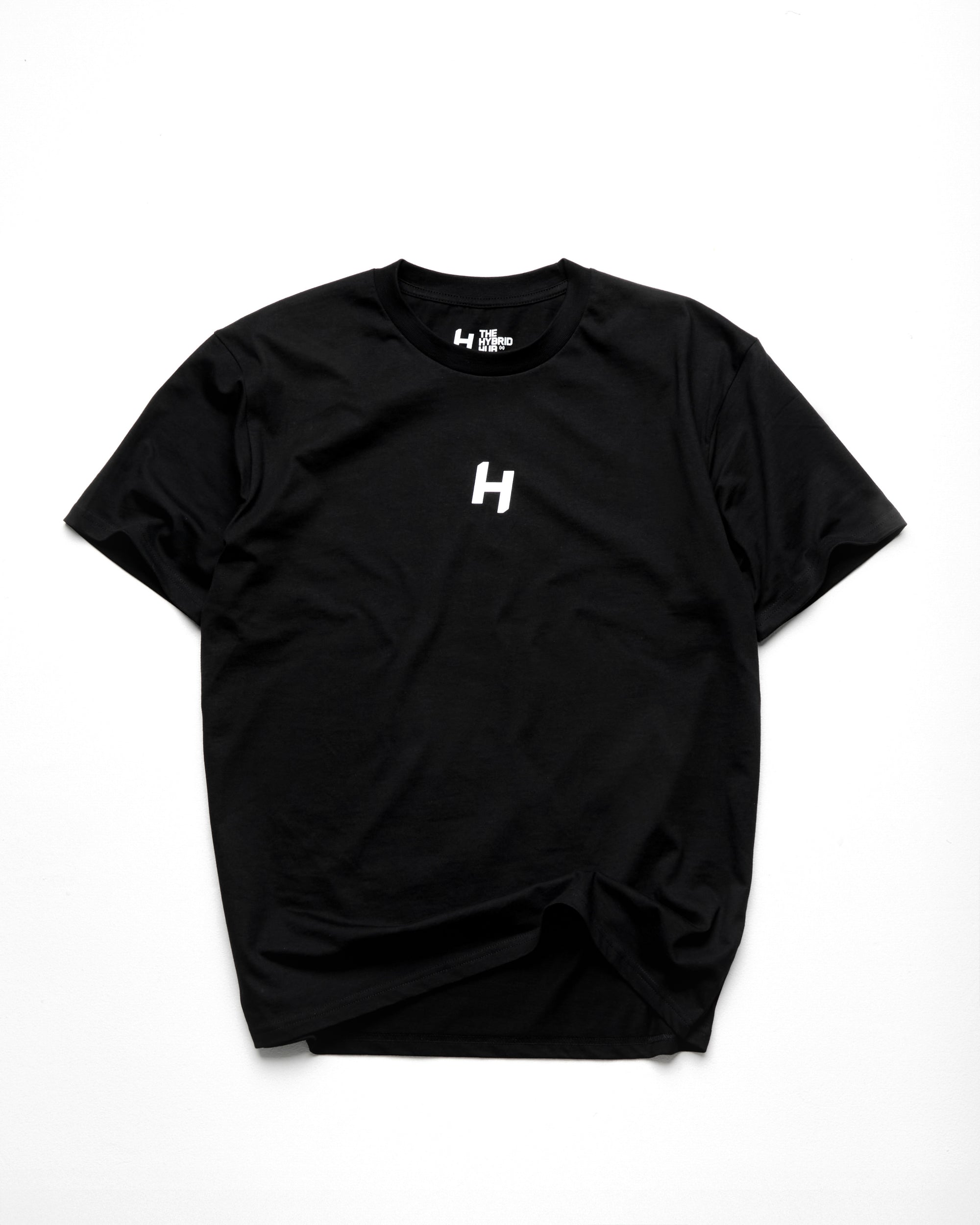 Black t-shirt with a white 'H' logo on a white background