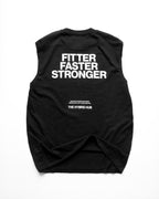 Black sleeveless shirt with 'Fitter Faster Stronger' text on a white background