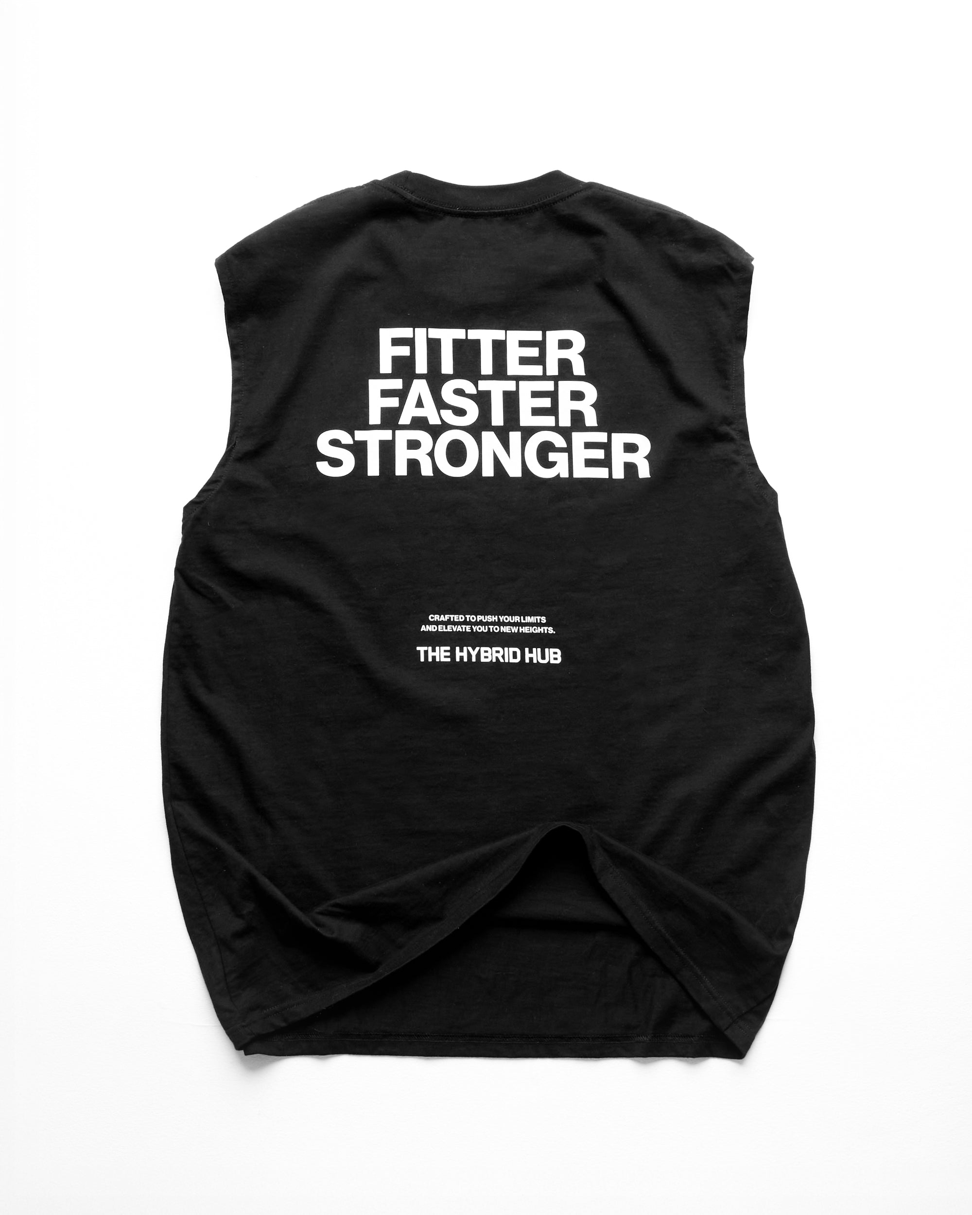 Black sleeveless shirt with 'Fitter Faster Stronger' text on a white background