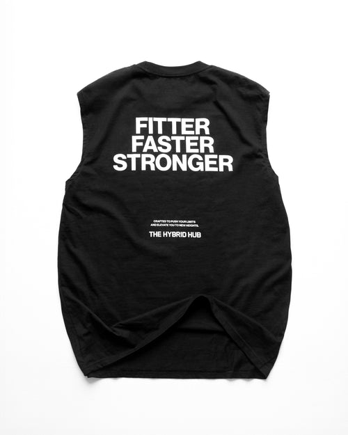 Black sleeveless shirt with 'Fitter Faster Stronger' text on a white background
