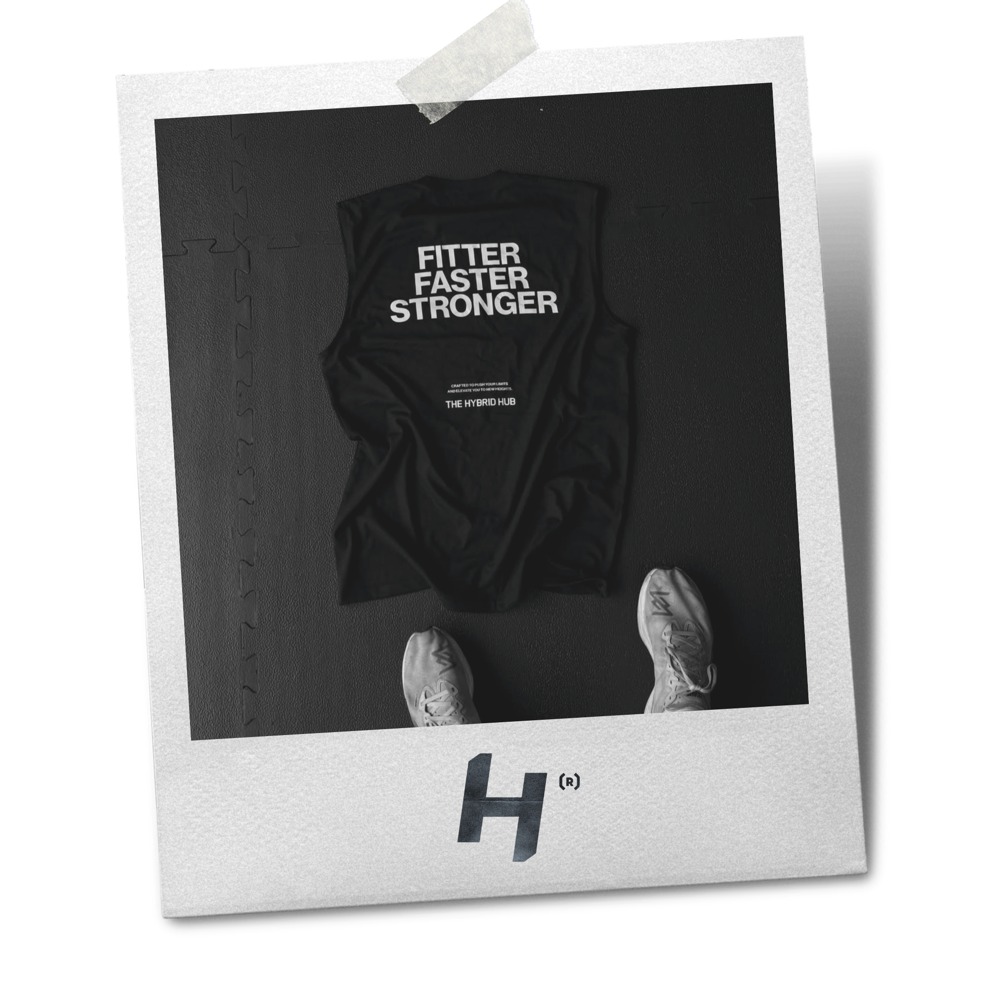 Black tank top with 'Fitter Faster Stronger' text on a dark background, framed like a Polaroid with a visible brand logo.